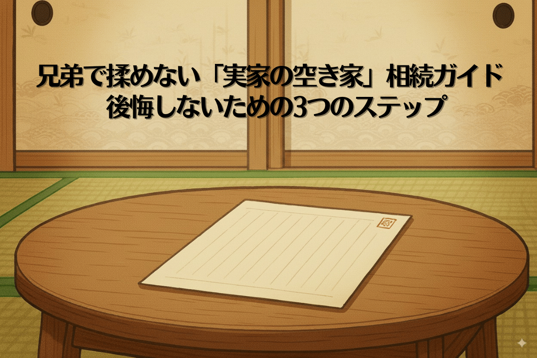 和室の座卓に置かれた便箋とともに、『兄弟で揉めない実家の空き家相続ガイド 後悔しないための3つのステップ』という文字が表示されたイラスト。空き家の相続に悩む人に向けて、兄弟間トラブルを防ぎ後悔しないための道筋を示している。