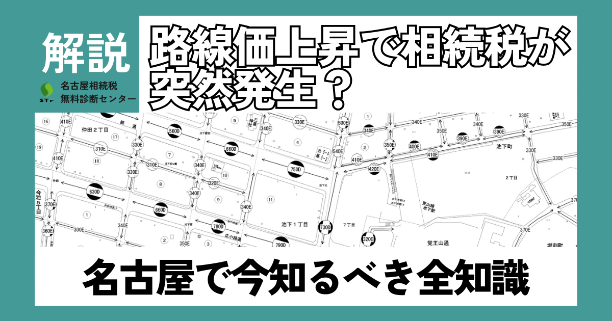 財産の現物寄付における非課税の仕組み 「路線価上昇で相続税が突然発生?名古屋で今知るべき全知識」というテキストと、名古屋市内の路線価が記された地図のイラスト。路線価の上昇が相続税に与える影響と、名古屋地域で知るべき情報について示唆している。