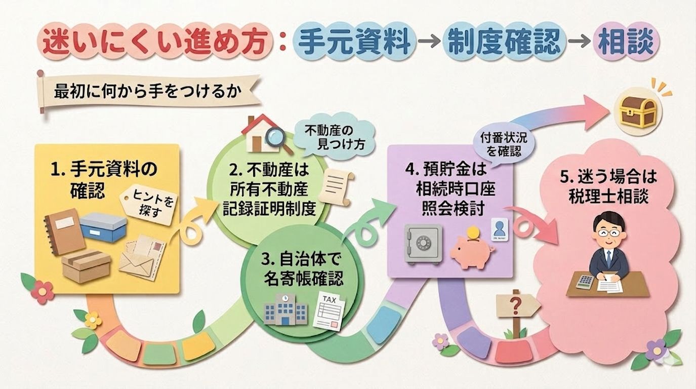 相続財産を見つけるための手順を説明したフロー図。1.手元資料の確認、2.所有不動産記録証明制度（不動産）、3.名寄帳（自治体）、4.相続時口座照会（預貯金）、5.税理士相談という、迷いにくい5つのステップを温かいクラフト風のイラストで解説しています。