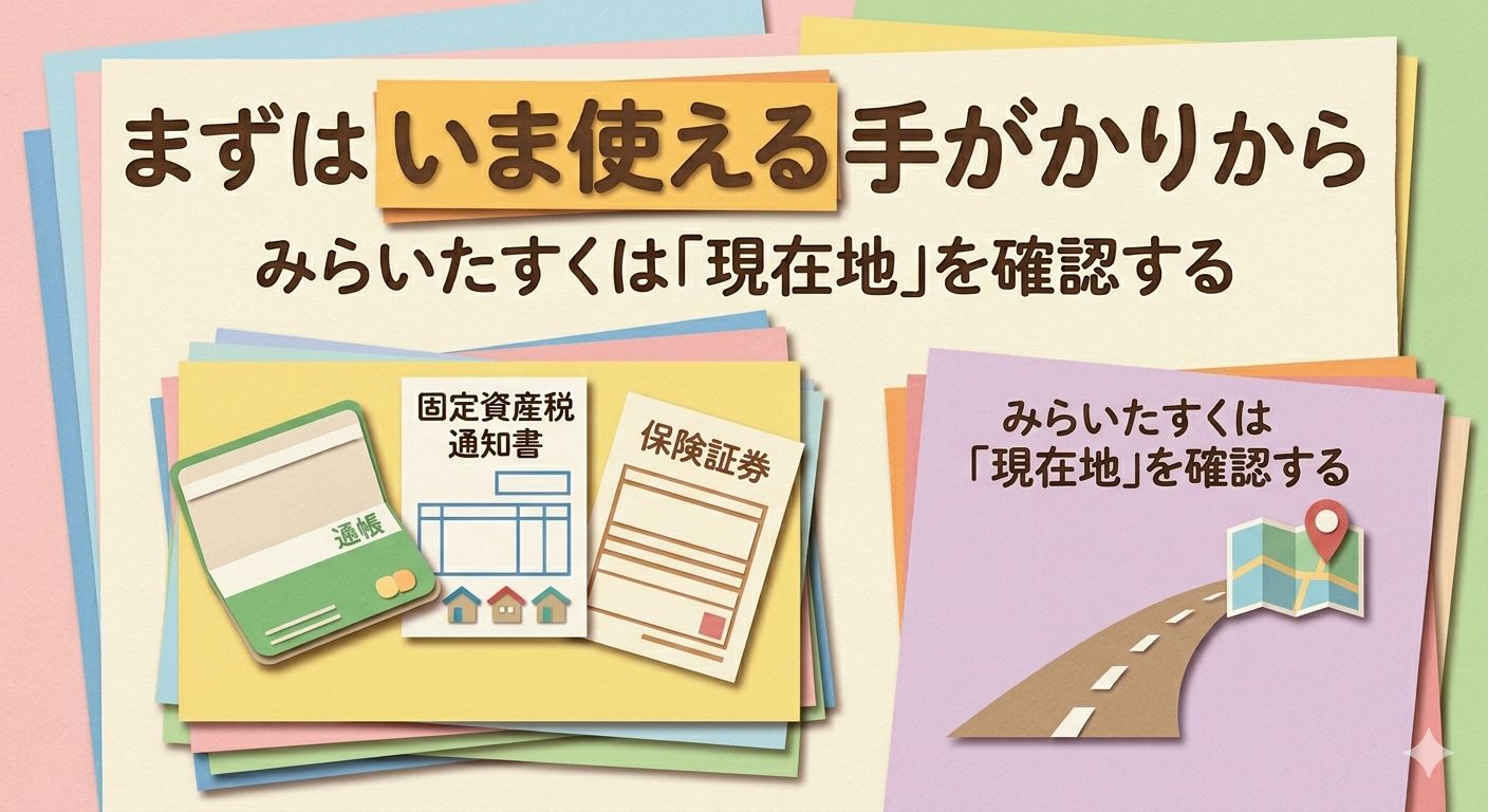 相続財産調査の進め方。通帳、固定資産税通知書、保険証券といった「いま使える手がかり」の整理を優先し、「みらいたすく」で現在地を確認することを伝える、温かいペーパークラフト風の解説図。