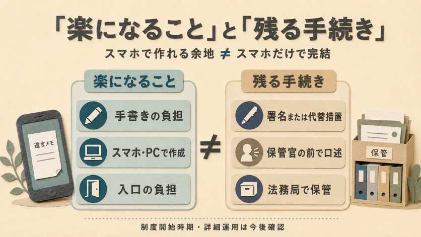 保管証書遺言で手書きの負担や作成の入口が軽くなる一方、署名や口述、法務局での保管手続きが残ることを整理した図解