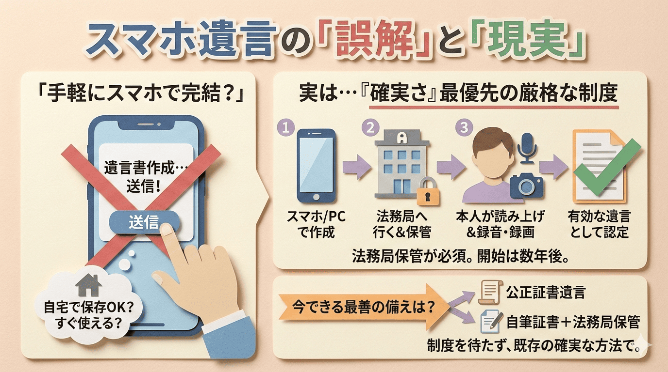 図解：スマホ遺言の「誤解」と「現実」。左側は「スマホだけで作成・送信して完了」という誤ったイメージにバツ印。右側は「確実さ最優先の厳格な制度」として、法務局への出頭・保管、本人の読み上げ・録画が必要な流れを説明。下部には、制度開始までは公正証書遺言などの既存の方法が推奨される旨を記載。
