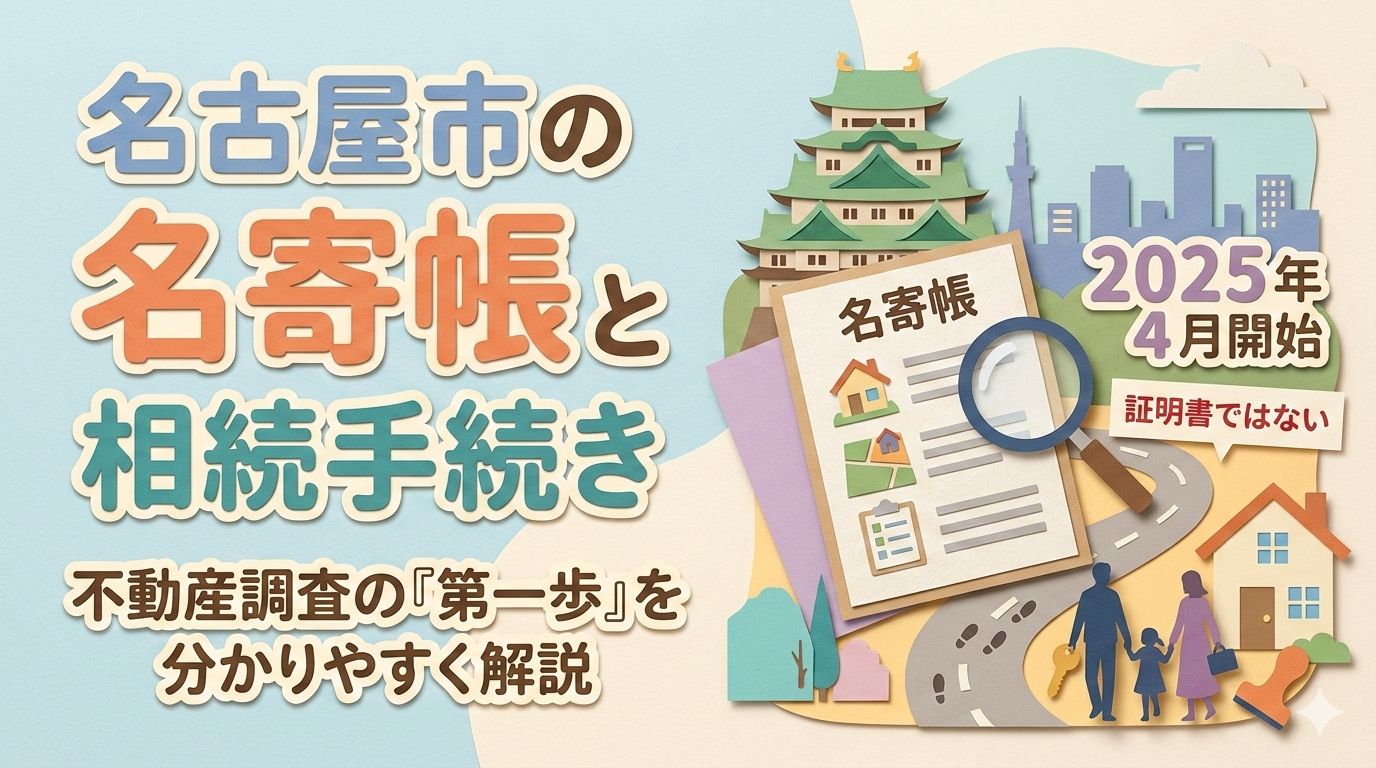 名古屋市の名寄帳を活用した相続不動産調査の手続きを解説する、切り絵風のメインビジュアル画像。