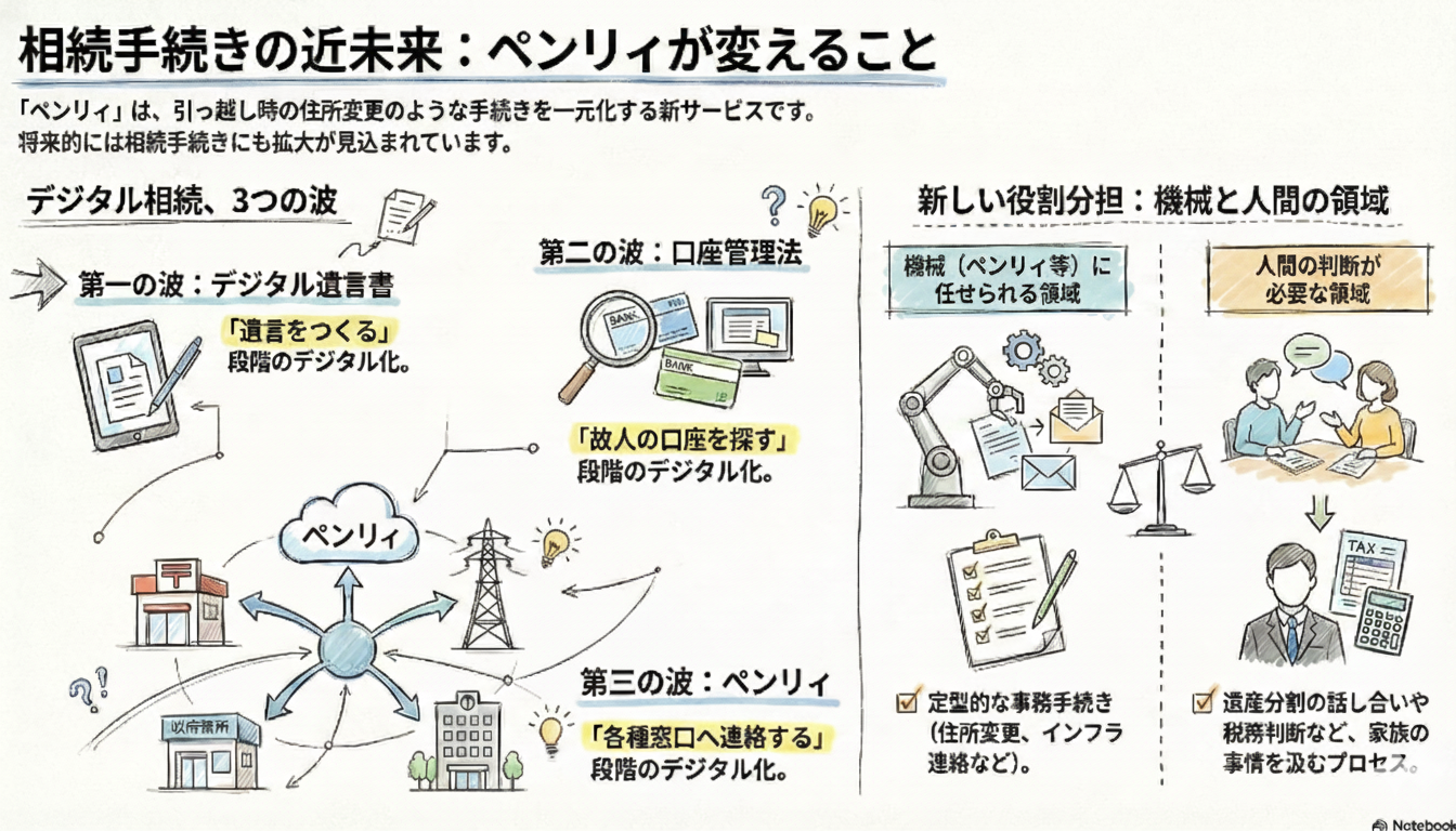 相続手続きの近未来:ペンリィが変えること 相続手続きの近未来図解:新サービス「ペンリィ」による手続き一元化とデジタル相続の3つの波(デジタル遺言書・口座管理・各種窓口連絡)。機械による定型事務と、人間による遺産分割判断の役割分担を示したチャート。