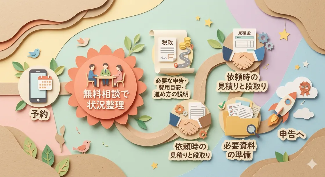 予約から無料相談、見積り、必要資料の準備、申告までの流れを示した図