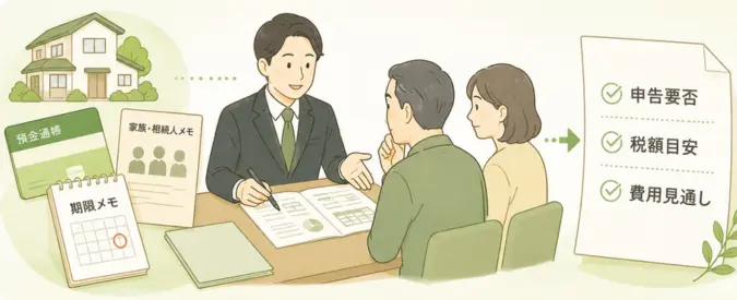 相続税申告の無料相談で申告要否・税額目安・費用見通しを整理できることを示す図解