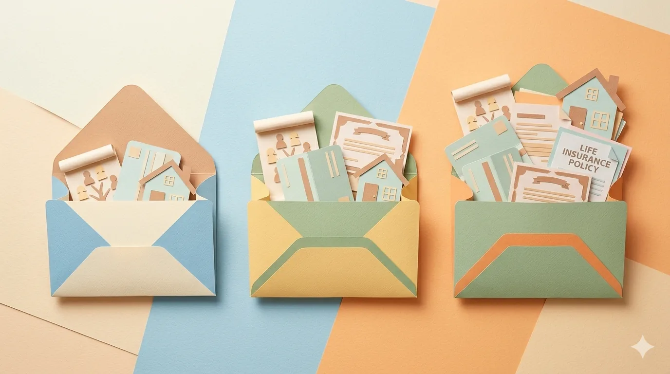 書類の量が少ないものから多いものへ段階的に並んだ3つの封筒と書類束を描いたペーパークラフト風の比較イメージ