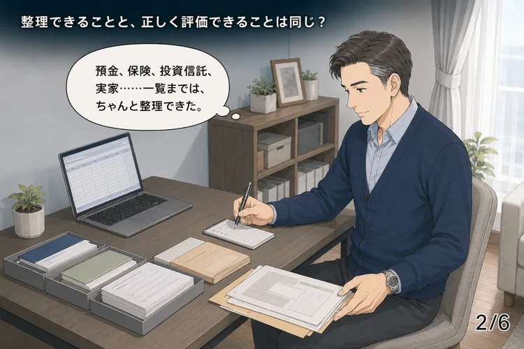 預金や保険などの財産一覧を作成する男性