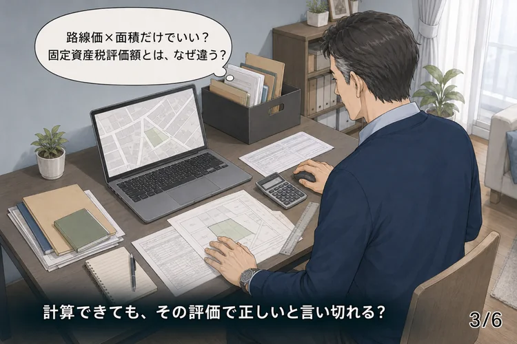 路線価と固定資産税評価額の違いに迷う男性