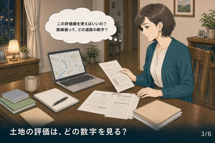 路線価図と固定資産税資料を前に土地評価で手が止まる女性
