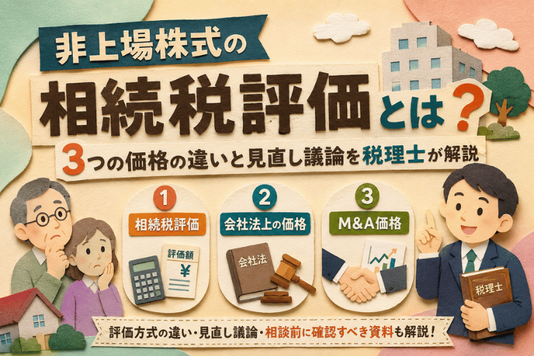非上場株式の相続税評価について、相続税評価・会社法上の価格・M&A価格の3つの違いを示したメインビジュアル